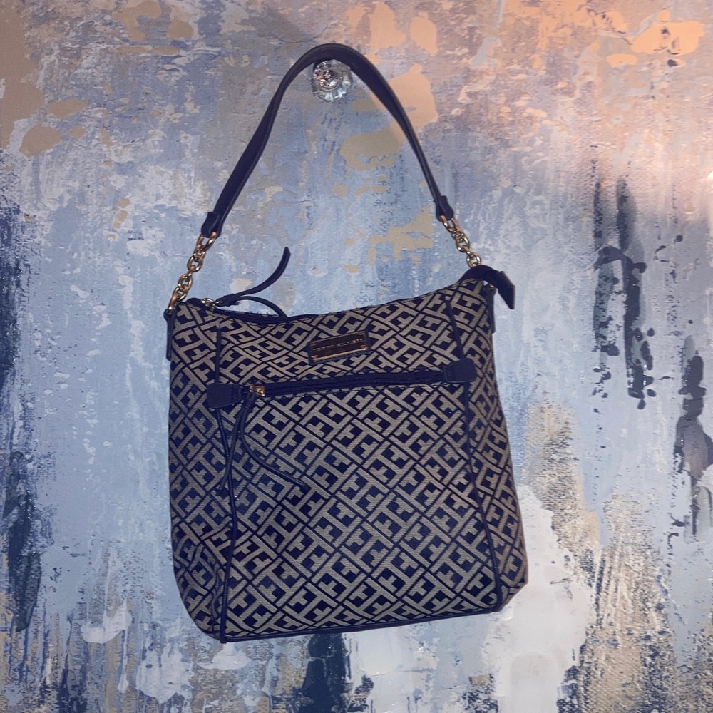 Tommy  Hilfiger Navy Blue / Beige Embossed Allover Monogram  Shoulder Bag - Picture 5 of 14
